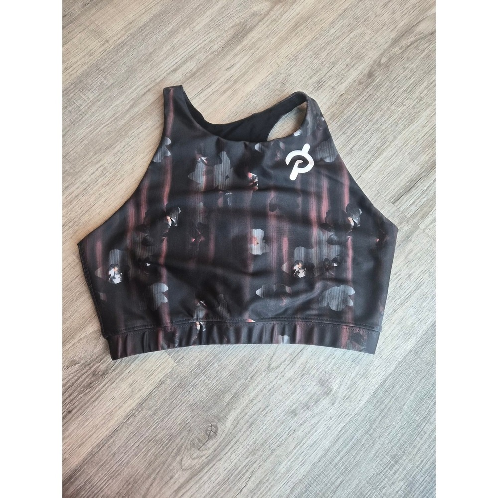 Peloton Womens High Neck Sports Bra Black Abstract Floral Racerback Medium